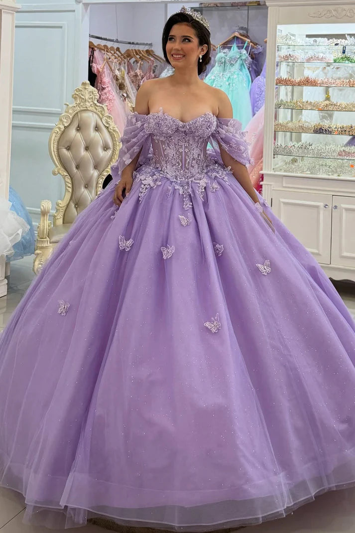 Chic Lilac Appliqued Off-Shoulder Quinceanera Sweet 15 Ball Gown DP7190