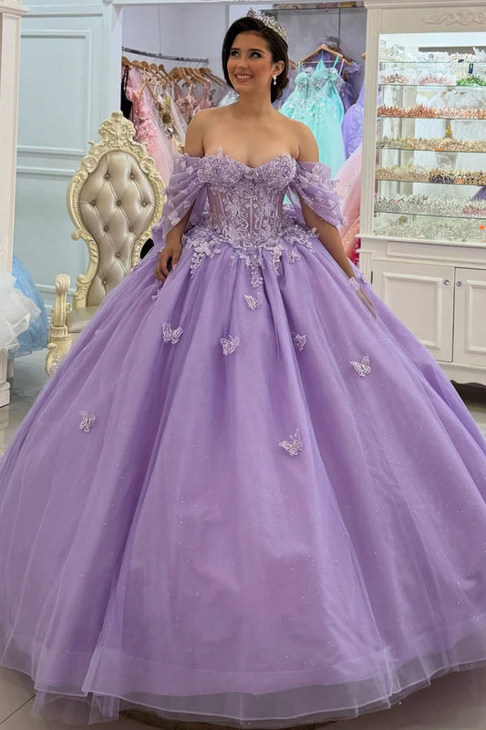 Robe de bal chic lilas à épaules dénudées et ornée d'appliqués, idéale pour une quinceañera ou un Sweet 15 (DP7190)