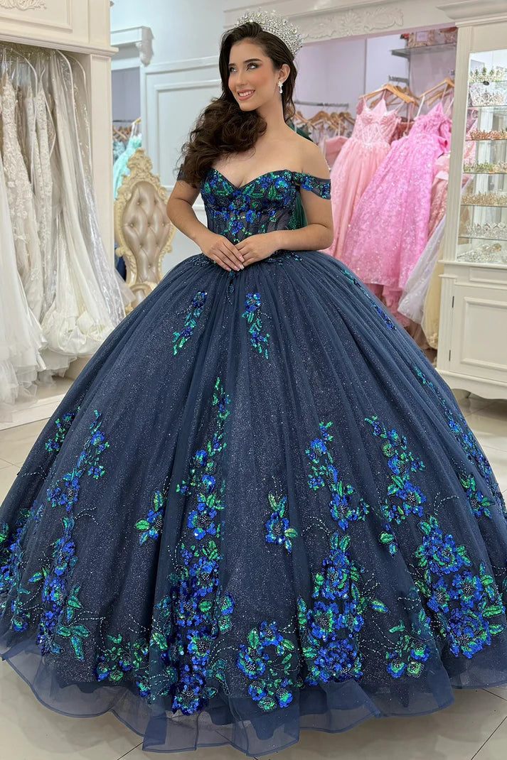 Glamorous Navy Blue Appliqued Beaded Off-Shoulder Quinceanera Sweet 15 Ball Gown DP7191