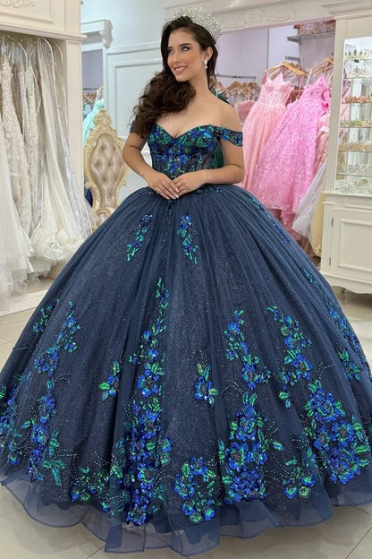 Glamorous Navy Blue Appliqued Beaded Off-Shoulder Quinceanera Sweet 15 Ball Gown DP7191