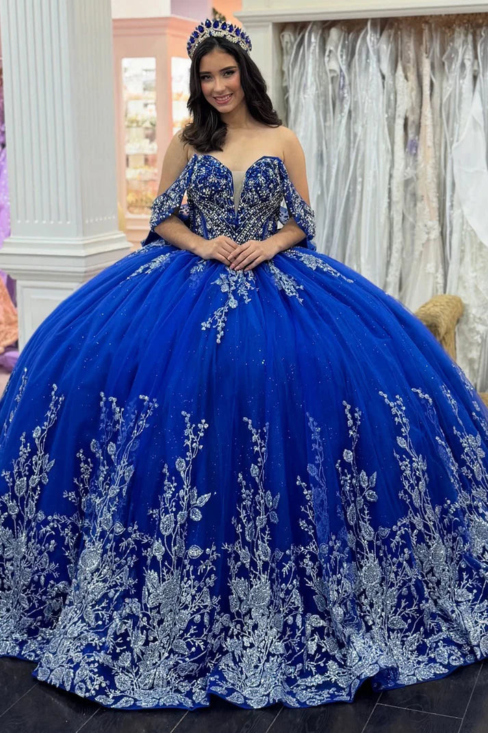 Chic Royal Blue Appliqued Beaded Off-Shoulder Glitter Tulle Sweetheart Quinceanera Sweet 15 Ball Gown DP7199