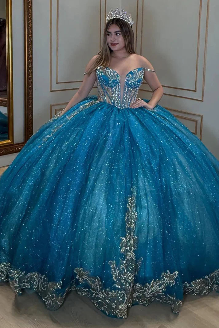 Elegantes blaues schulterfreies, perlenbesetztes Glitzertüll-Ballkleid mit Herzausschnitt für Quinceañeras DP7243