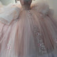 Robe de bal élégante rose à épaules dénudées en tulle brodé de perles et de fleurs, modèle DP7235