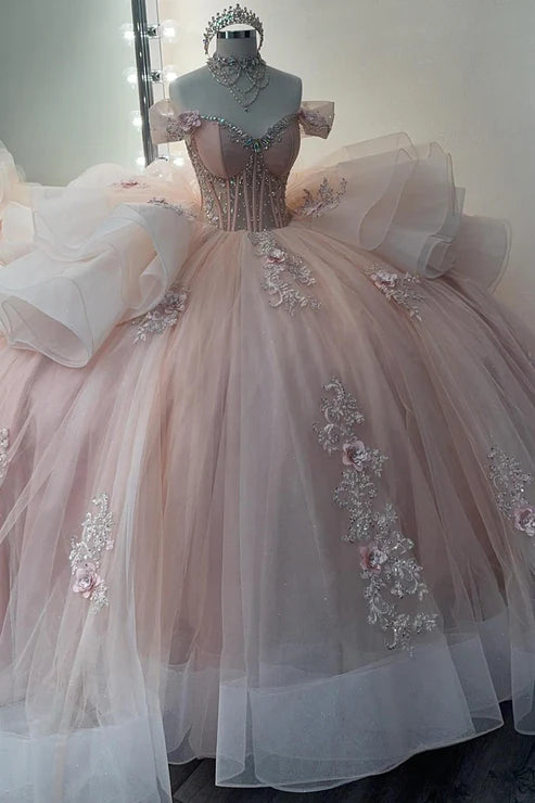 Robe de bal élégante rose à épaules dénudées en tulle brodé de perles et de fleurs, modèle DP7235