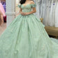 Glamorous Mint Green Appliqued Off-Shoulder Glitter Tulle Quinceanera Sweet 15 Ball Gown DP7196
