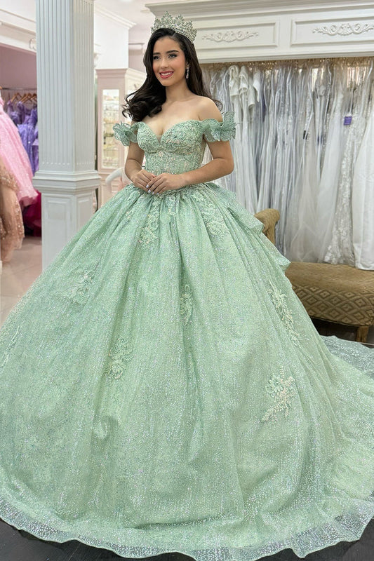 Glamouröses mintgrünes, appliziertes, schulterfreies Glitzertüll-Ballkleid für Quinceañera/Sweet 15 DP7196
