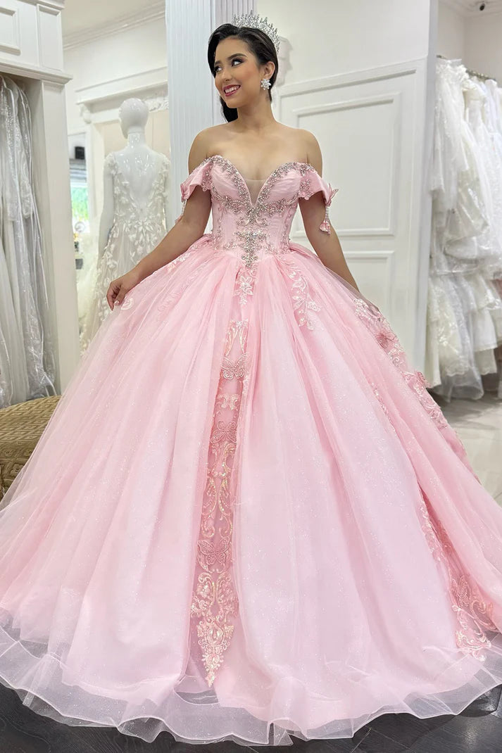 Glamorous Pink Tulle Beaded Appliqued Off-Shoulder Sweetheart Quinceanera Sweet 15 Ball Gown DP7186