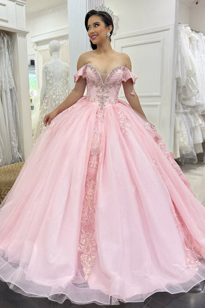 Glamorous Pink Tulle Beaded Appliqued Off-Shoulder Sweetheart Quinceanera Sweet 15 Ball Gown DP7186