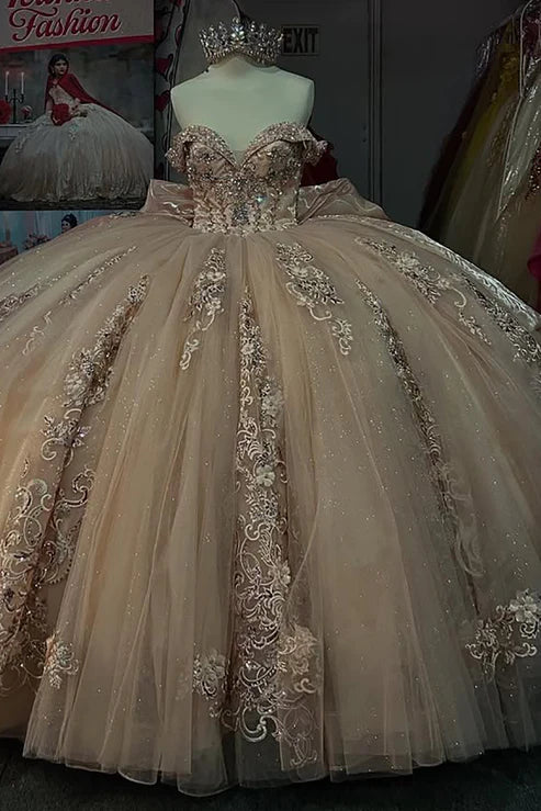 Robe de bal élégante rose à décolleté cœur, broderie perlée, épaules dénudées, en tulle, pour Sweet 15 ou Quinceañera DP7225