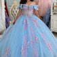 Glamorous Light Blue Cinderella-Inspired Pink Floral Applique Off-Shoulder Ruffled Quinceanera Sweet 15 Ball Gown DP7192