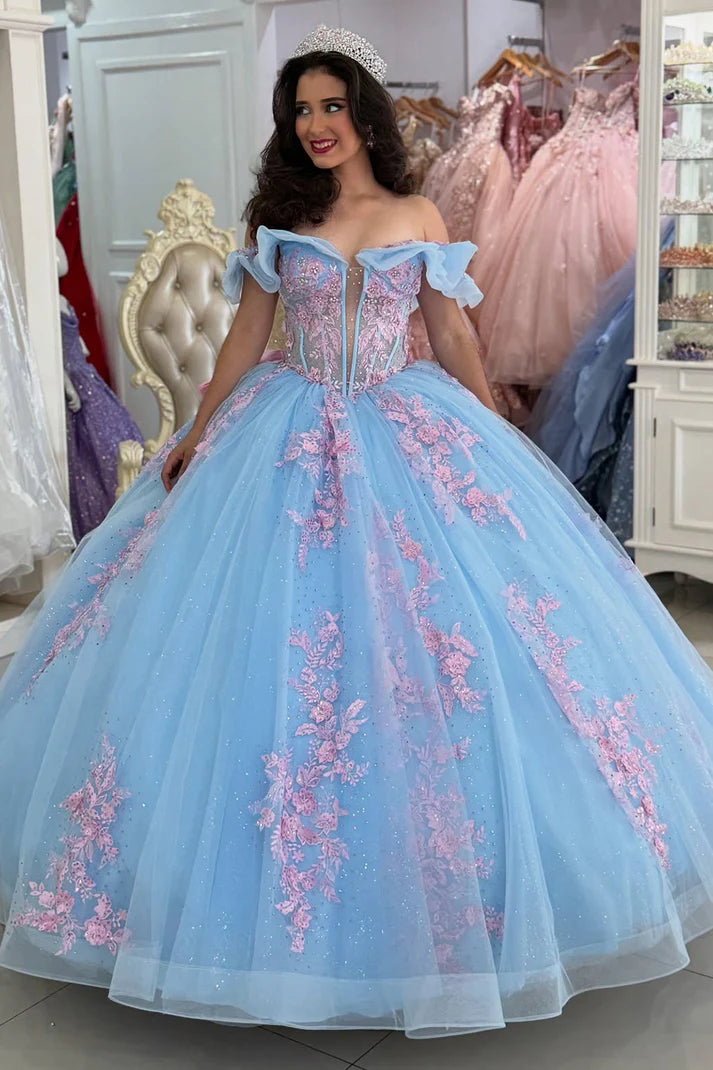 Glamorous Light Blue Cinderella-Inspired Pink Floral Applique Off-Shoulder Ruffled Quinceanera Sweet 15 Ball Gown DP7192
