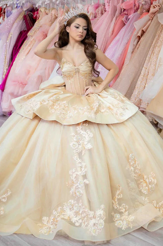 Robe de bal de quinceañera élégante couleur champagne, décolleté cœur, broderie dentelle, corsage à volants, DP7223
