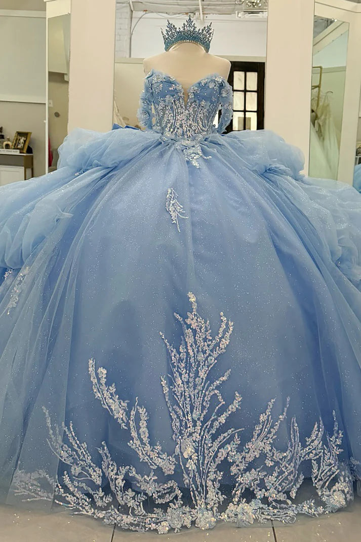 Glamorous Sky Blue Off-Shoulder Beaded Applique Sweetheart Quinceanera Sweet 15 Ball Gown DP7182