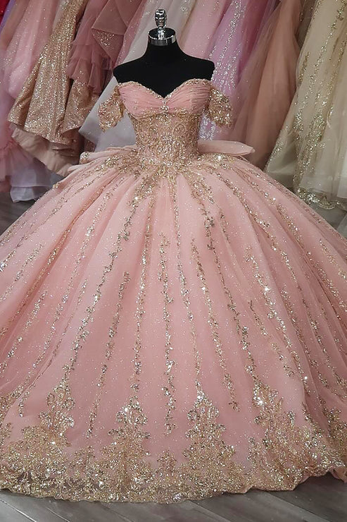 Robe de bal élégante rose à épaules dénudées en tulle brodé de sequins dorés DP7227