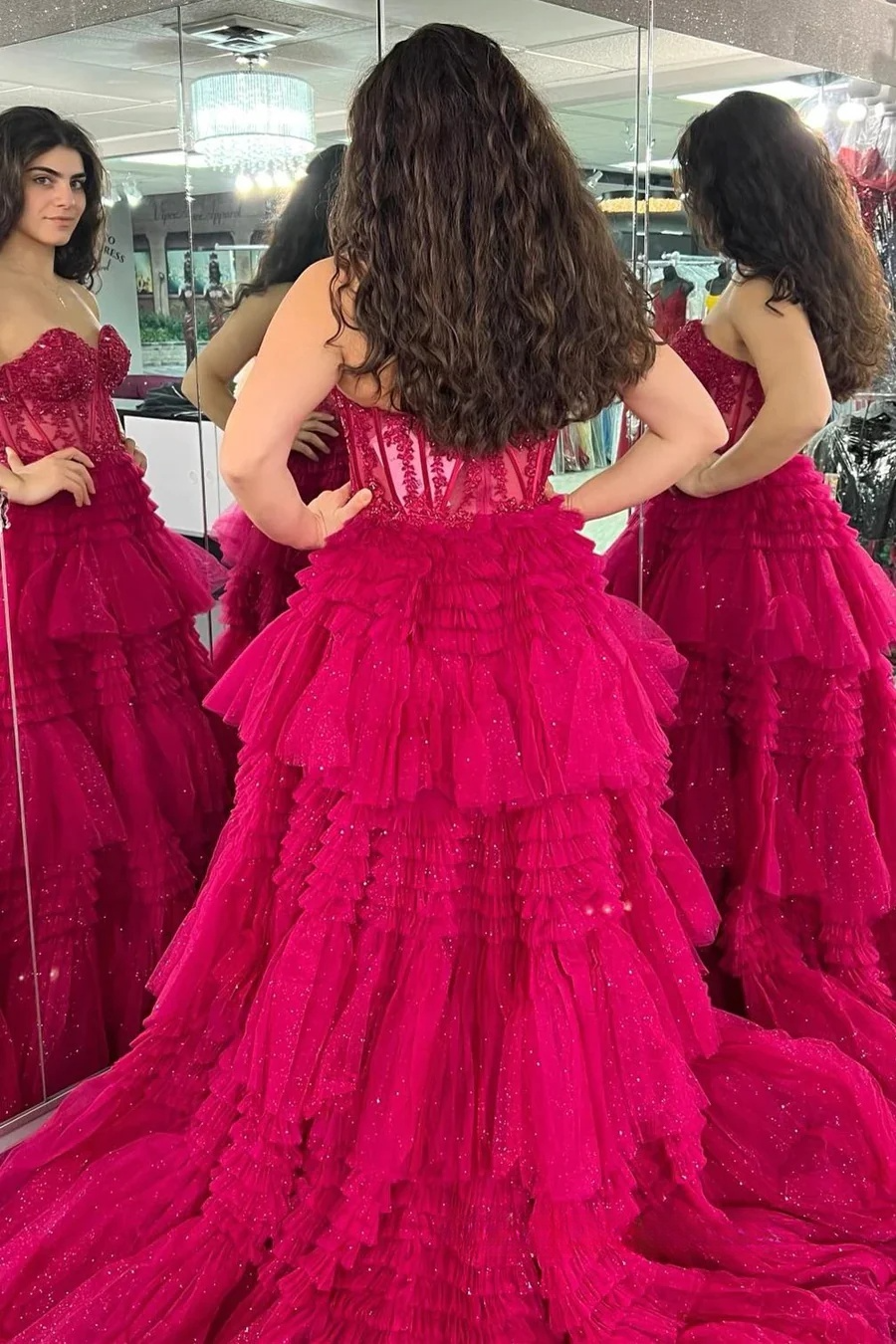 Green A-Line Sweetheart Tulle Tiered Long Prom Dress with Appliques, DP1374