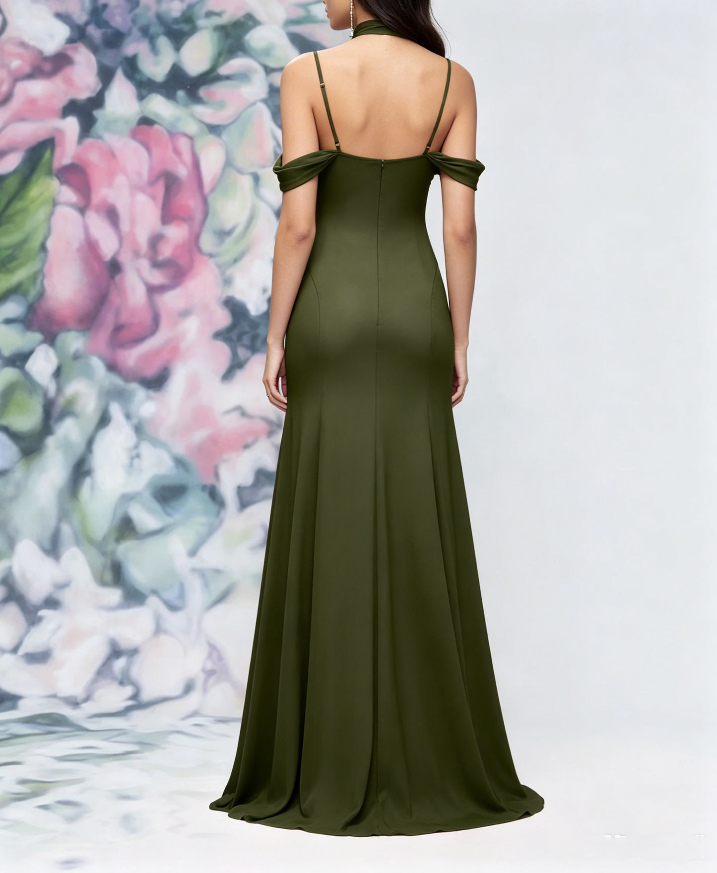 Elegant Off-the-Shoulder Spaghetti Strap 3D Floral Chiffon Neck Scarf Prom Dress DP8461