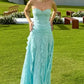 Elegant Mint Green Sweetheart Strapless Corset Bodice Lace Tiered Ruffle Evening Gown DP8470