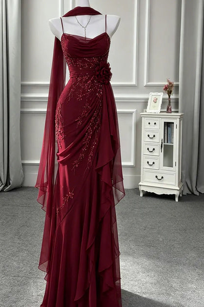 Elegant Burgundy Spaghetti Strap Cowl Neck Chiffon Mermaid Ruffle Evening Gown DP8648