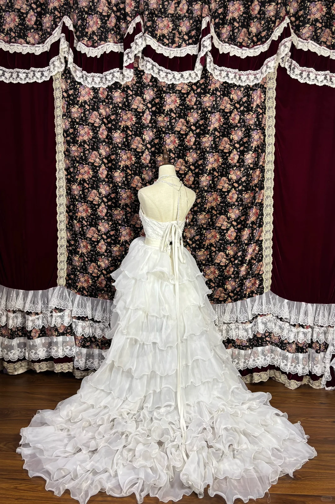 Vintage-Inspired 3D Floral Ruffles & Lace Bodice Wedding Dress Strapless High-Low Bridal Gown DP7068