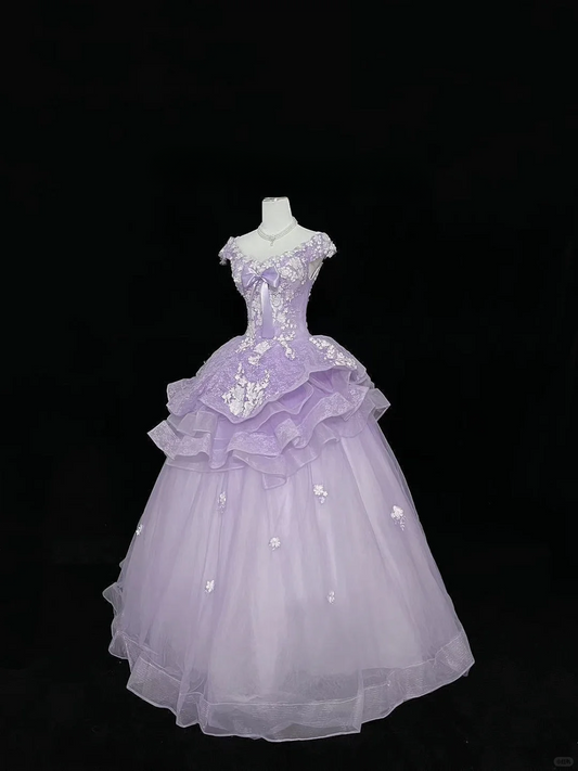 Chic Lavender Off-the-Shoulder 3D Floral Applique Bow Sweet 16 Quinceanera Ball Gown DP7369