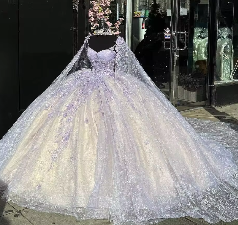 Light Lilac Quinceanera Dressess with Cape Butterfly Applique Sweet 16 Ball Gown, DP2397