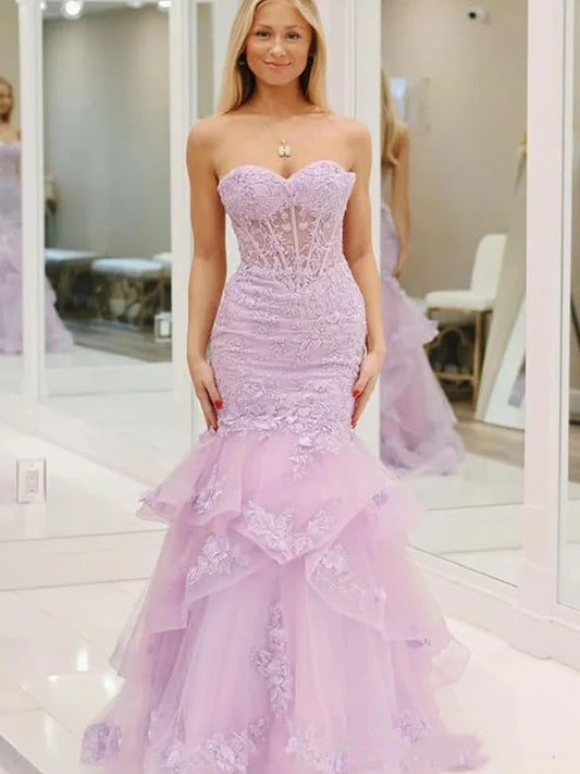 Elegant Lilac Strapless Lace Mermaid Tiered Tulle Prom Gown Evening Dress DP8058