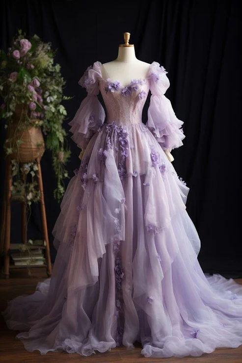 Lavender Long Sleeves Lace Appliques A-Line Long Party Dress Evening Gown, DP2796