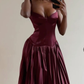 Burgundy Spaghetti Straps A-Line Long Party Dress Birthday Outfits, DP3334