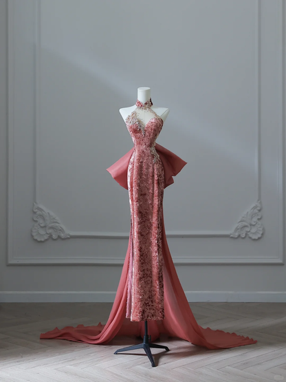 Elegant Halter Backless Sheath Velvet Long Formal Prom Dresses Evening Gowns, DP5144