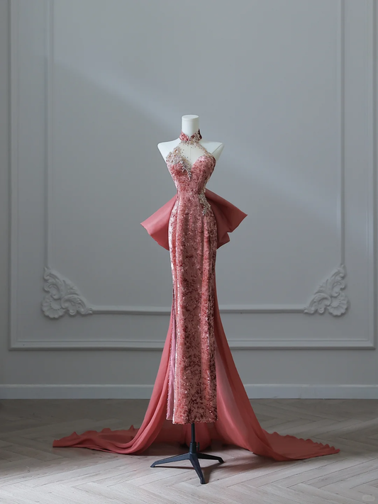 Elegant Halter Backless Sheath Velvet Long Formal Prom Dresses Evening Gowns, DP5144