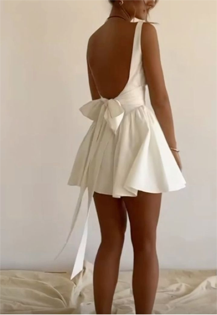 White A-Line Backless Bowknot Lovely Birthday Outfit Homecoming Dress, DP3200