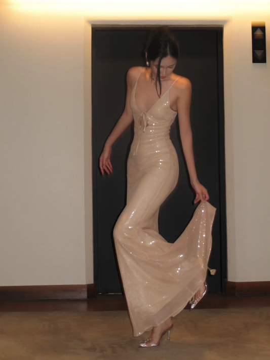 Sexy Champagner V-Ausschnitt Spaghettiträger Meerjungfrau Langes Abendkleid Partykleid, DP5414