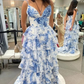 Blue Floral Printed Straps A-Line Layers Long Formal Party Dress, DP3770