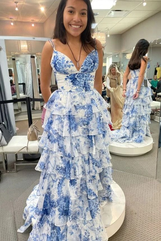 Blue Floral Printed Straps A-Line Layers Long Formal Party Dress, DP3770