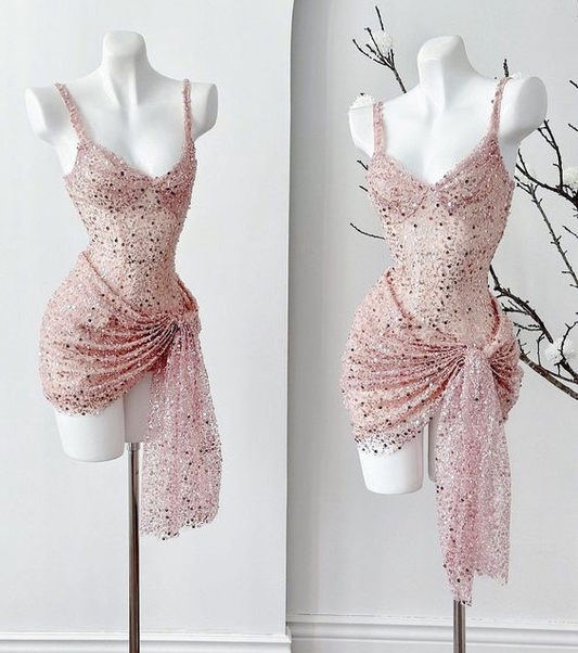 Shiny Pink Straps Sequins Sheath Short Party Dress Birthday Outfits, DP3117