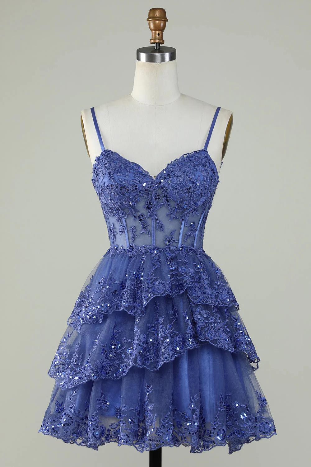 Dark Blue A-Line Straps Layers Tulle Cute Homecoming Dress, DP2966