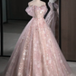 Pink Off Shoulder A-Line Tulle Maxi Dress Floral Long Prom Dress, DP3616