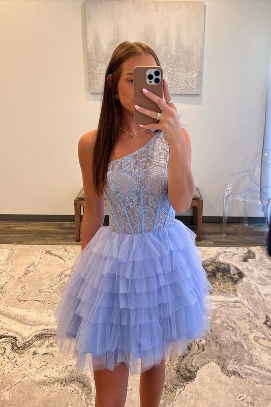 Lilace One Shoulder Lace Tulle A-Line Short Homecoming Dress Birthday Outfits, DP3129