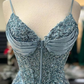 Blue Spaghetti Straps Vingtage Beading Mermaid Long Prom Dress, DP3396