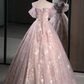 Pink Off Shoulder A-Line Tulle Maxi Dress Floral Long Prom Dress, DP3616