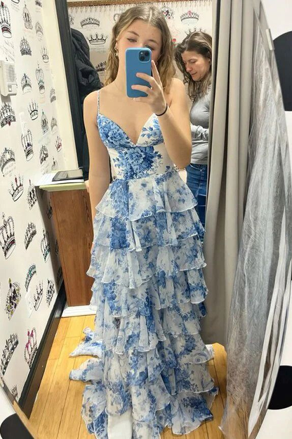 Blue Floral Printed Straps A-Line Layers Long Formal Party Dress, DP3770