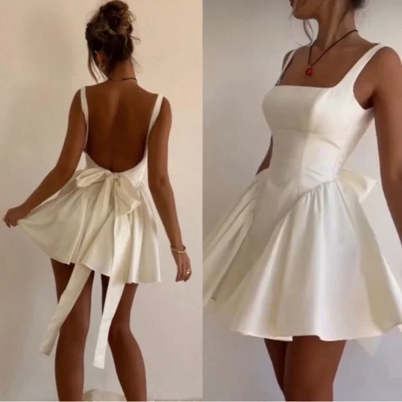 White A-Line Backless Bowknot Lovely Birthday Outfit Homecoming Dress, DP3200