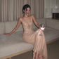 Sexy Champagne V Neck Spaghetti Straps Mermaid Long Evening Party Dress, DP5414