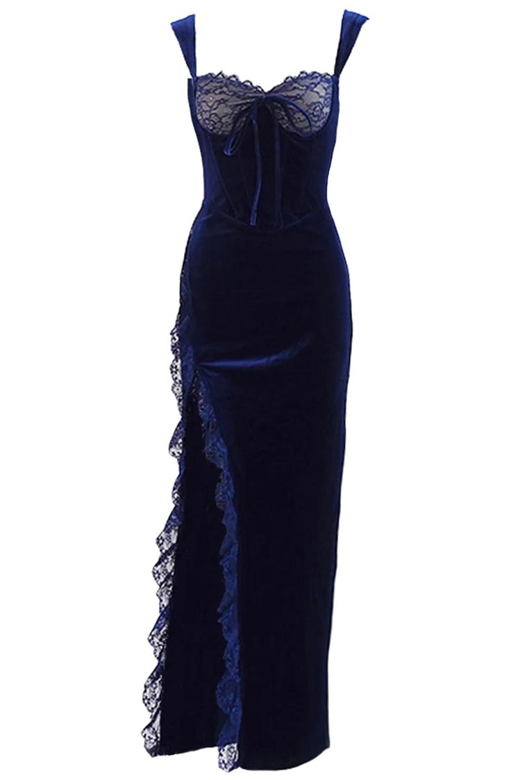 Navy Blue Straps Sheath Velvet Lace Long Formal Party Dress, DP3433