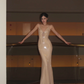 Sexy Champagne V Neck Spaghetti Straps Mermaid Long Evening Party Dress, DP5414