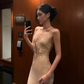 Sexy Champagne V Neck Spaghetti Straps Mermaid Long Evening Party Dress, DP5414