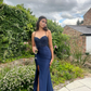 Navy Blue Spaghetti Straps Appliques Satin Long Prom Dress DP3883