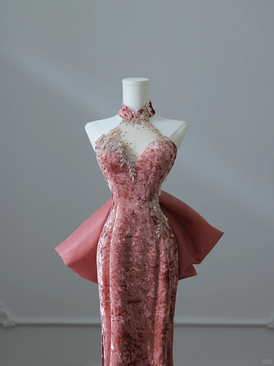 Elegant Halter Backless Sheath Velvet Long Formal Prom Dresses Evening Gowns, DP5144