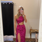 Fuchsia One Shoulder Bodycon Sequins Long Prom Dress Evening Dress, DP3310