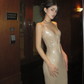 Sexy Champagne V Neck Spaghetti Straps Mermaid Long Evening Party Dress, DP5414